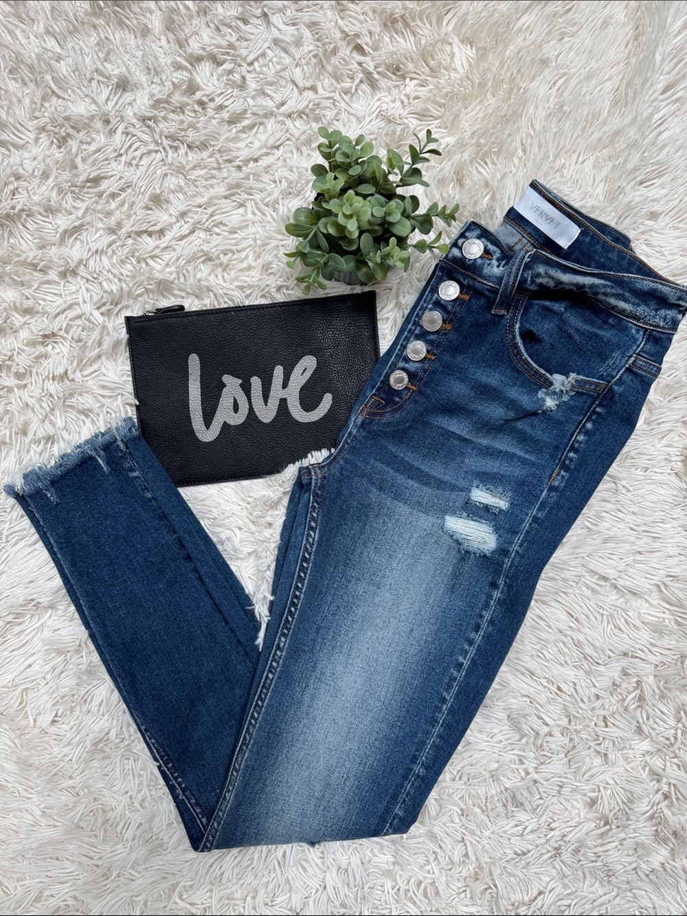 Vervet High-Rise Button Fly Distressed Skinny Jeans 💗 Dark Blue